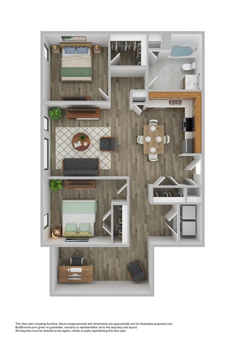 Floor plan for 2 beds, 1 bath, 1043 sqft